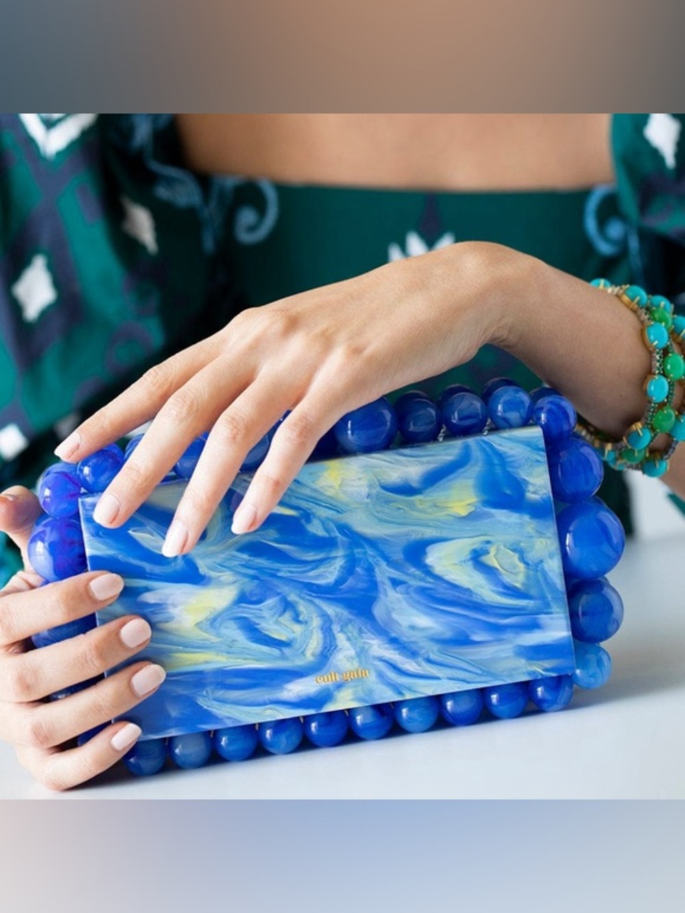 Cult Gaia Eos Acrylic Beaded Clutch Glacier Blue Marble EUC